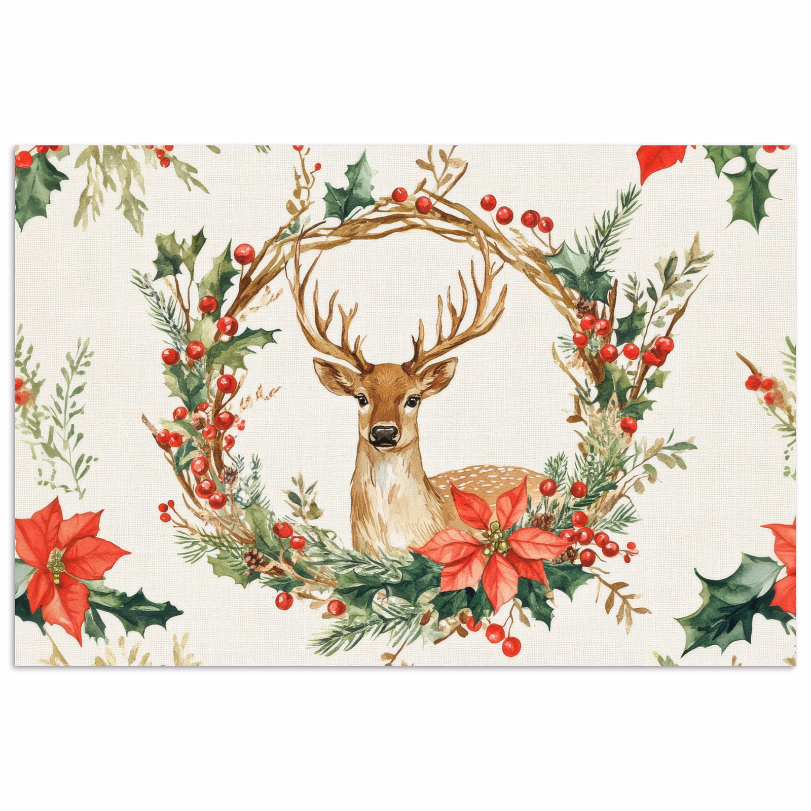 Poster - Weihnachtskranz - Hirsch - Stechpalme - Rot — 1