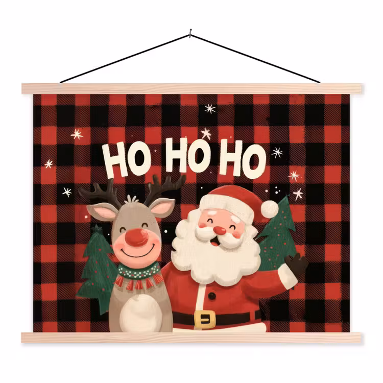 Stoffbild - Weihnachtsmann - Rentier - Text - Rot - Schwarz — 1