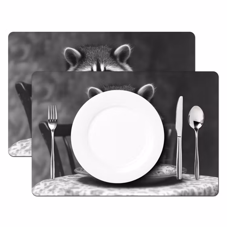 Tischset - 6 Stück - Waschbär - Niedlich - Pasta - Tischtuch - Schwarz - Weiß — 2