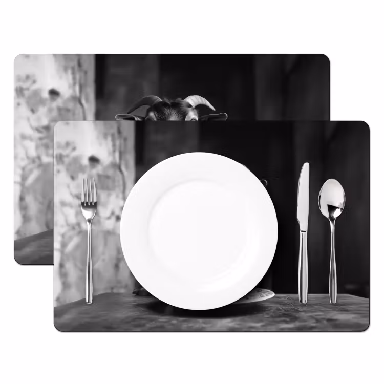 Tischset - 6 Stück - Ziege - Teller - Spaghetti - Schwarz und weiß — 2