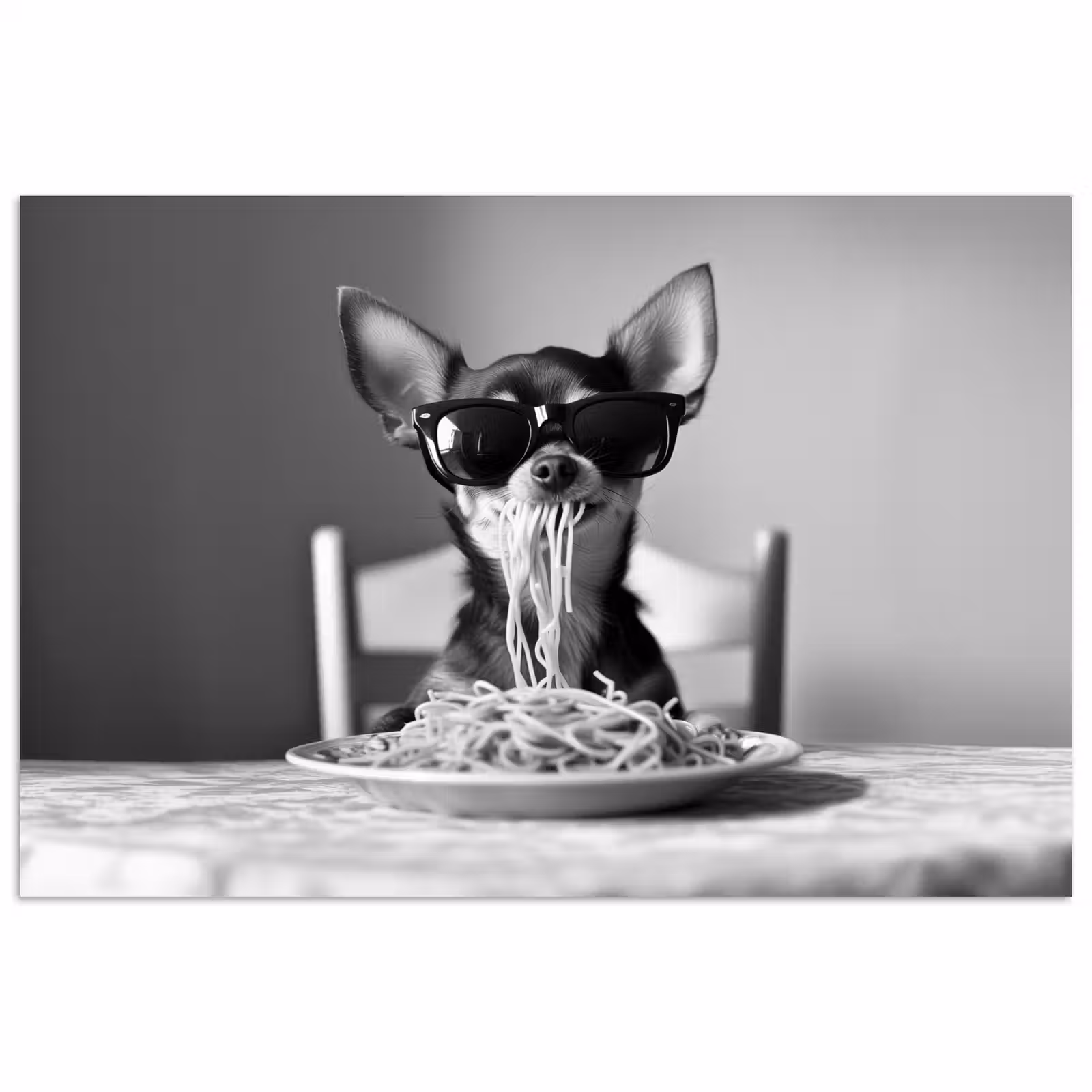 Poster - Chihuahua - Hund - Sonnenbrille - Humorvoll - Schwarz - Weiß - Spaghetti — 1