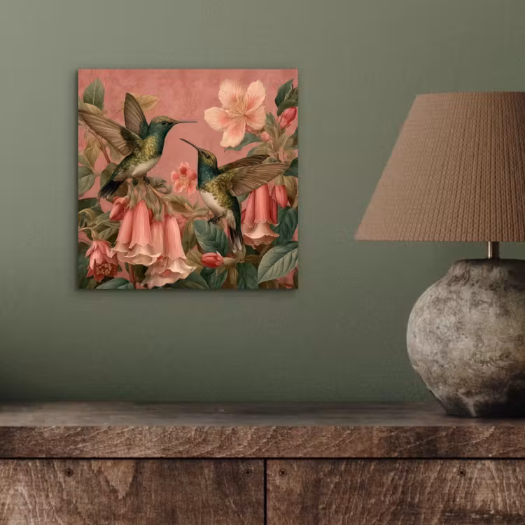 Alu-Dibond-Bild - Kolibris - Blumen - Grün - Rosa — 3