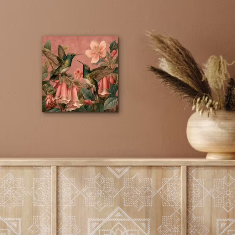 Alu-Dibond-Bild - Kolibris - Blumen - Grün - Rosa — 5