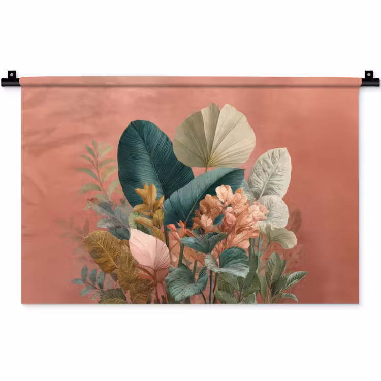 Wandteppich - Tropische Blätter - Blumen - Rosa - Grün — 1