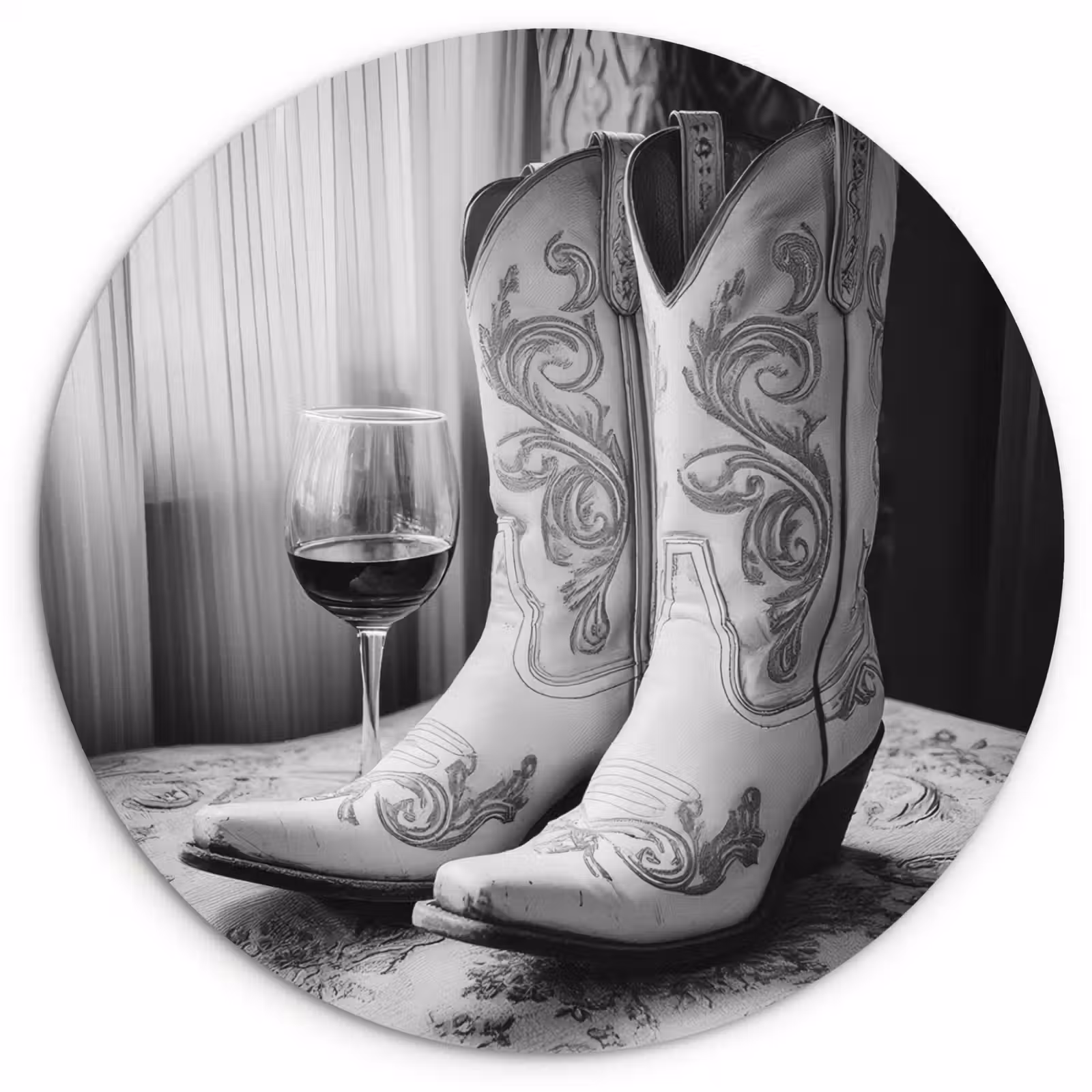 Forexbild Rund - Wein - Cowboystiefel - Fensterlicht - Weiß — 1