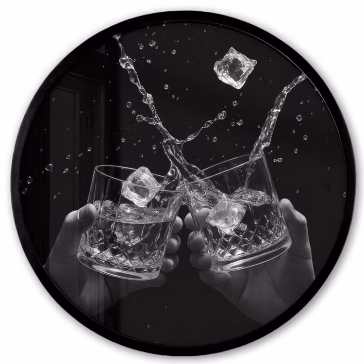 Poster im Rahmen Rund - Whiskygläser - Eis - Spritzer - Schwarz — 1