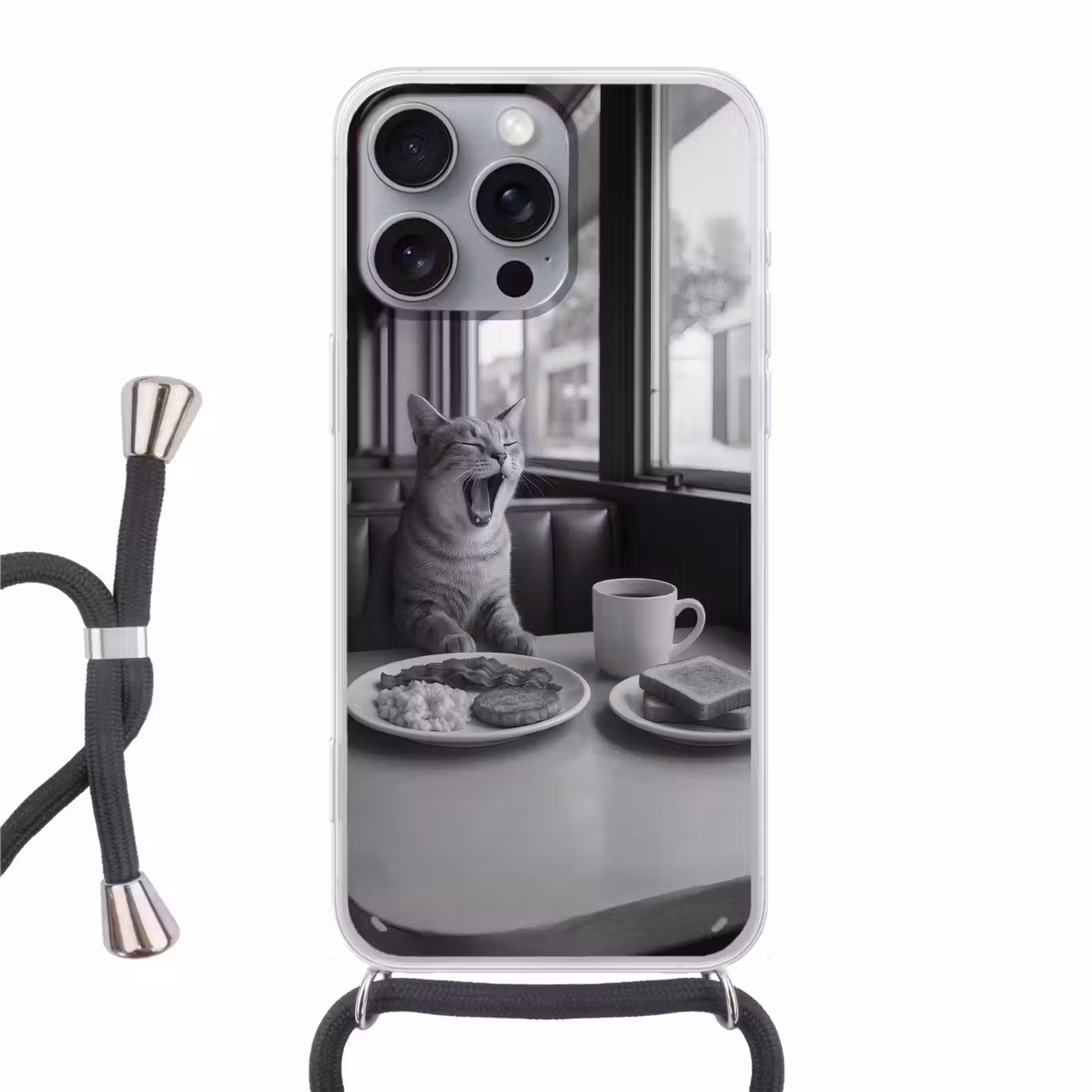 Handyhülle mit Band - Katze - Kaffee - Brot - Schwarz — 1