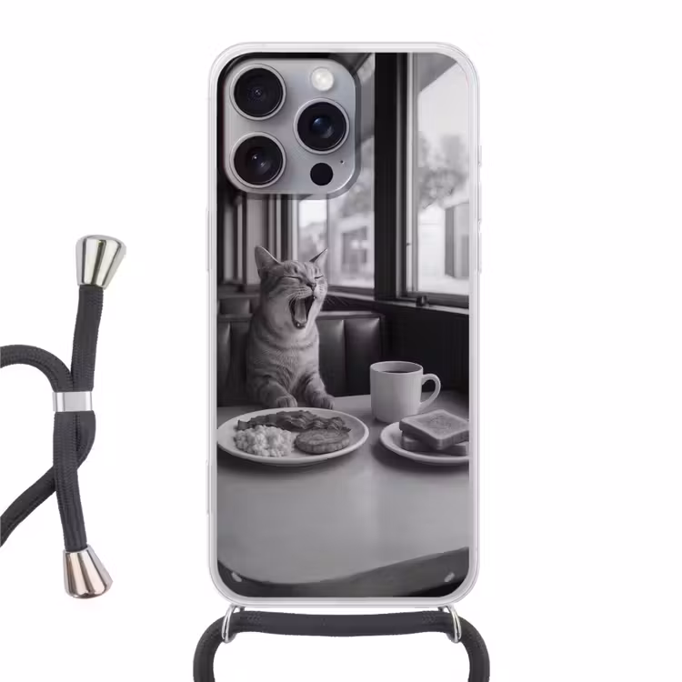 Handyhülle mit Band - Katze - Kaffee - Brot - Schwarz — 1