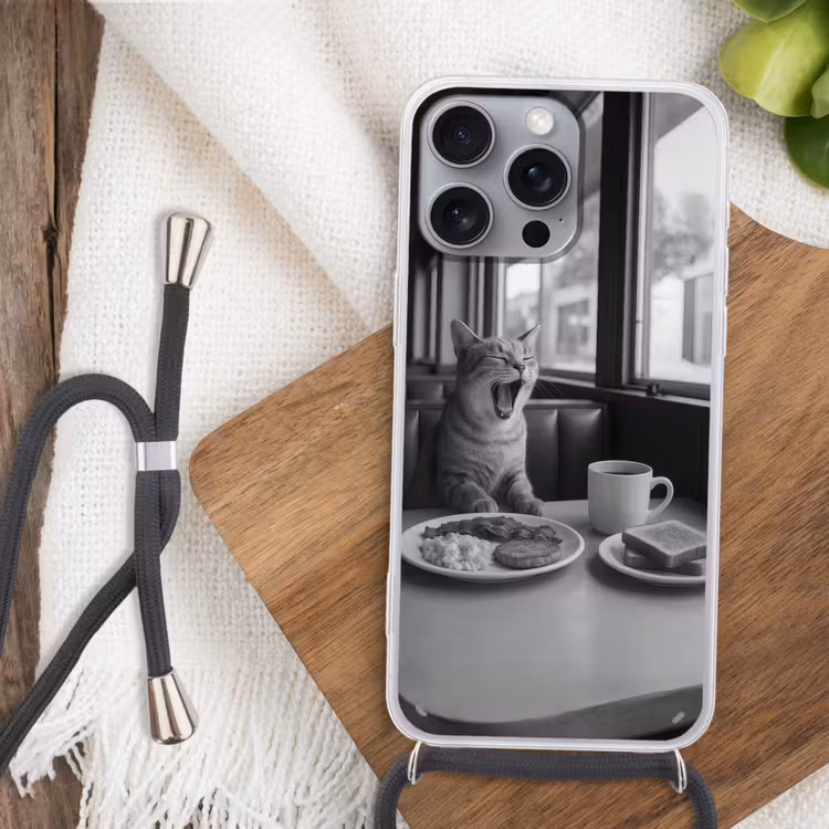Handyhülle mit Band - Katze - Kaffee - Brot - Schwarz — 3