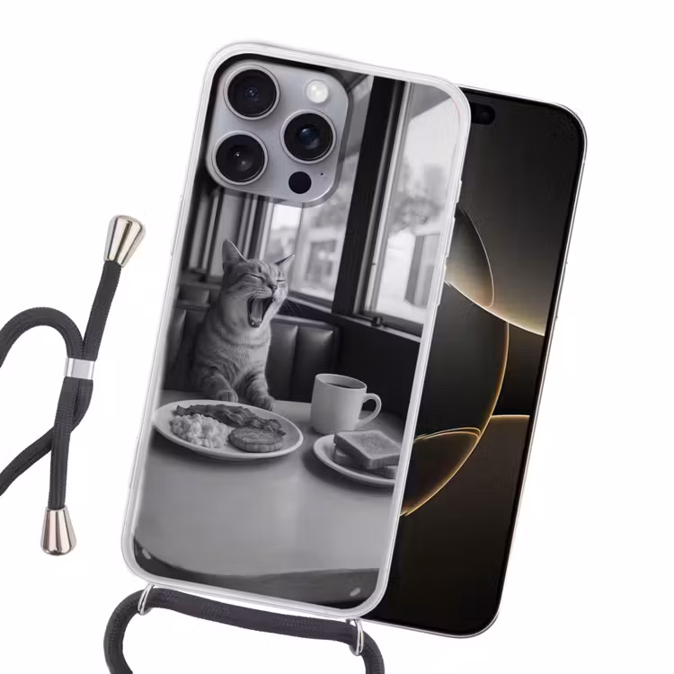 Handyhülle mit Band - Katze - Kaffee - Brot - Schwarz — 5
