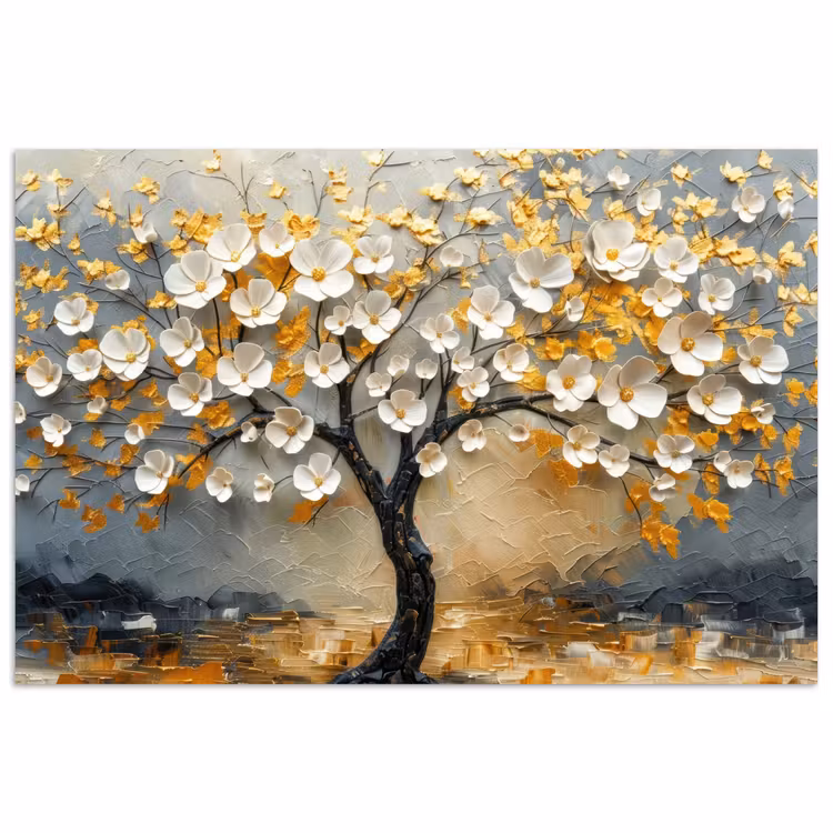Poster - Baum - Blumen - Gold - Beige — 1