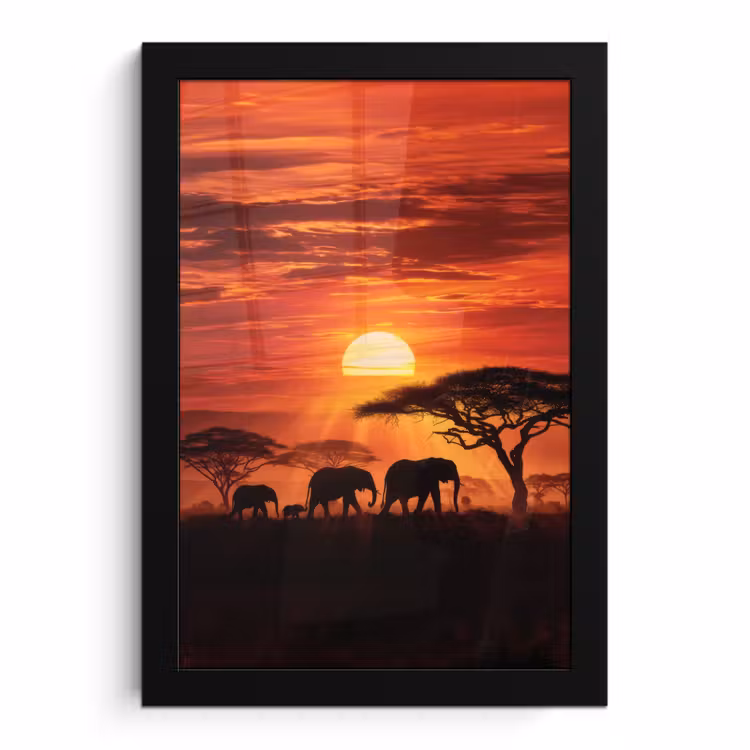 Bilder mit Rahmen - Savanne - Elefanten - Sonnenuntergang — 1