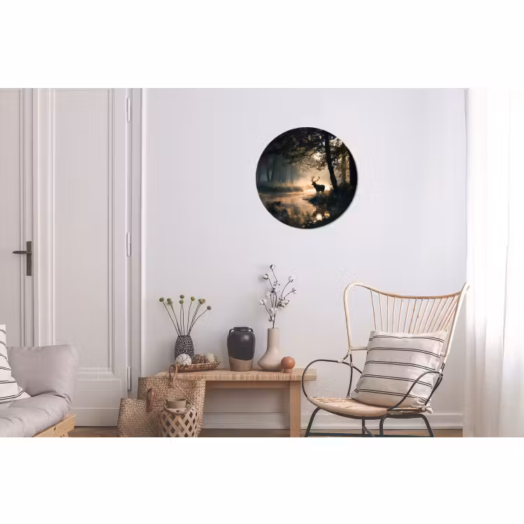 Alu-Dibond-Bild Rund - Hirsche - Waldbach - Mystisch — 2