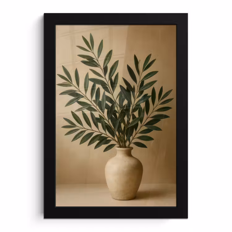 Bilder mit Rahmen - Vase - Olivenzweige - Blätter - Beige — 1