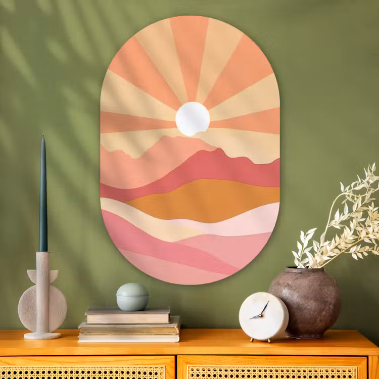 Glasbild Oval - Berge - Abstrakt - Sonnenstrahlen - Rosa — 2