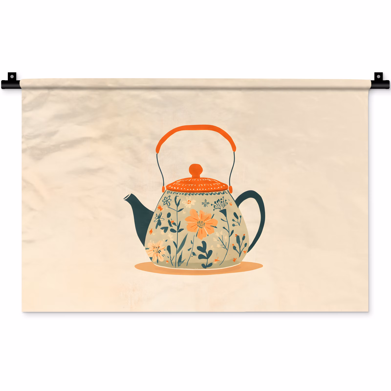Wandteppich - Orange - Teekanne - Blumen - Blätter — 1