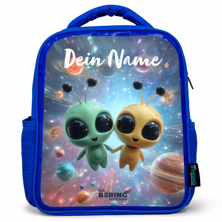 Kinderrucksack mit Namen - Blau - Fröhliche außerirdische Freunde — 1