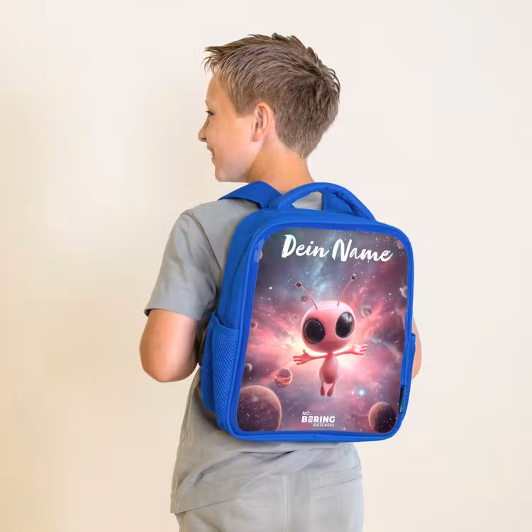 Kinderrucksack mit Namen - Blau - Rosa Alien im Sternennebel — 5