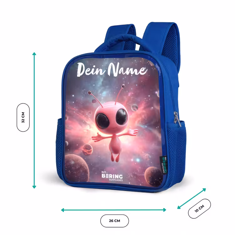 Kinderrucksack mit Namen - Blau - Rosa Alien im Sternennebel — 6