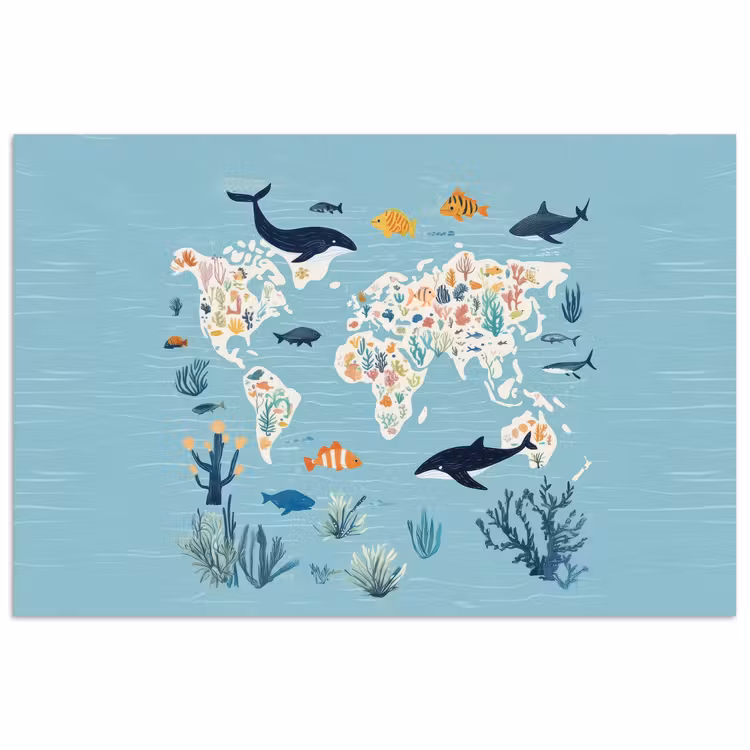Poster - Weltkarte - Meeresleben - Blau — 1