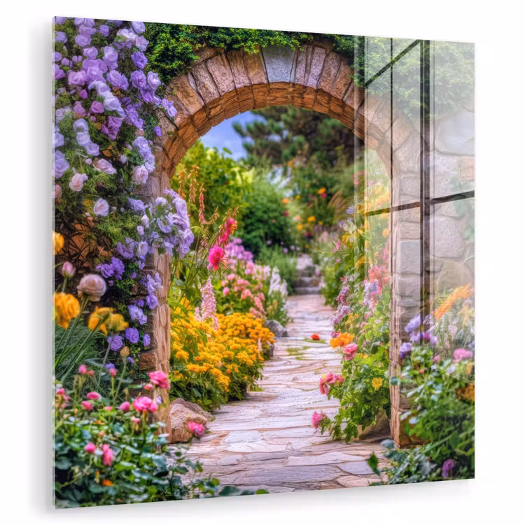 Glasbild - Durchblick - Blumen - Weg - Natur — 1