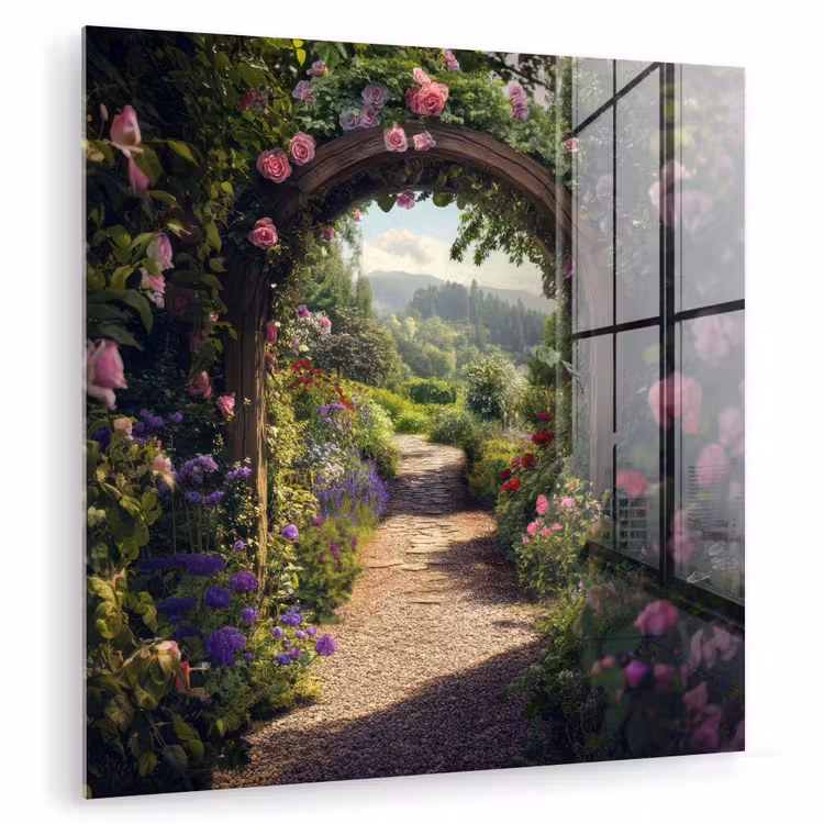 Glasbild - Ausblick - Landschaft - Blumen - Rosenbogen - Natur — 1