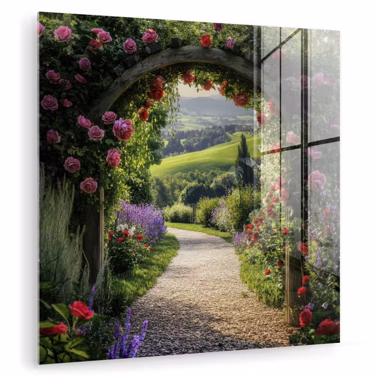Glasbild - Durchschaubar - Gartenbogen - Blumen - Natur - Weg — 1