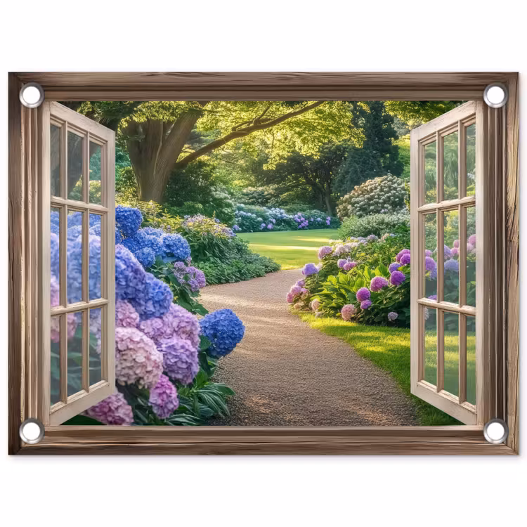 Gartenposter - Aussicht - Garten - Fenster - Hortensie - Blumen — 1