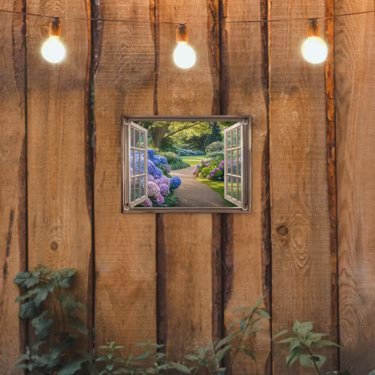 Gartenposter - Aussicht - Garten - Fenster - Hortensie - Blumen — 2
