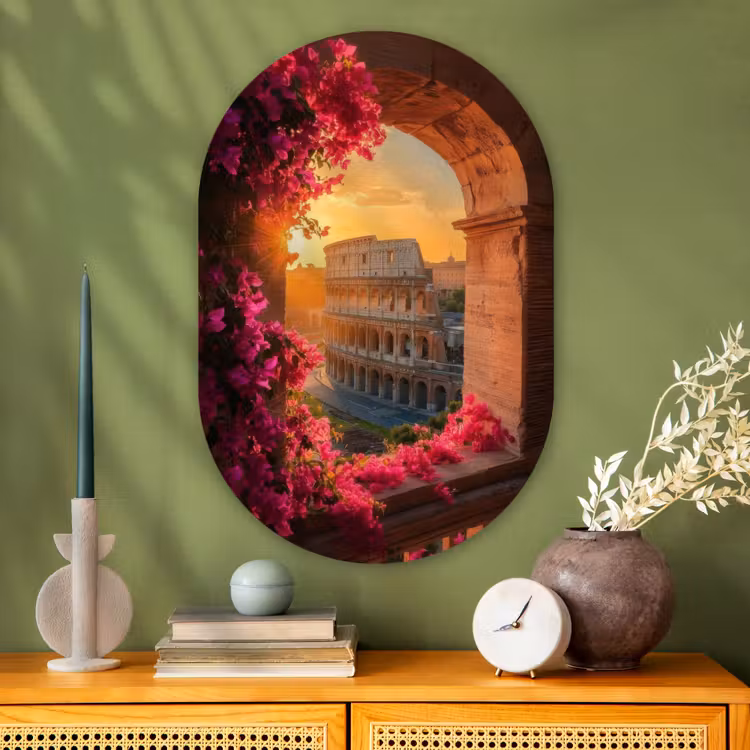 Glasbild Oval - Kolosseum - Rom - Rosa Blumen — 2