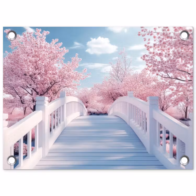 Gartenposter - Brücke - Kirschbäume - Weiß — 1