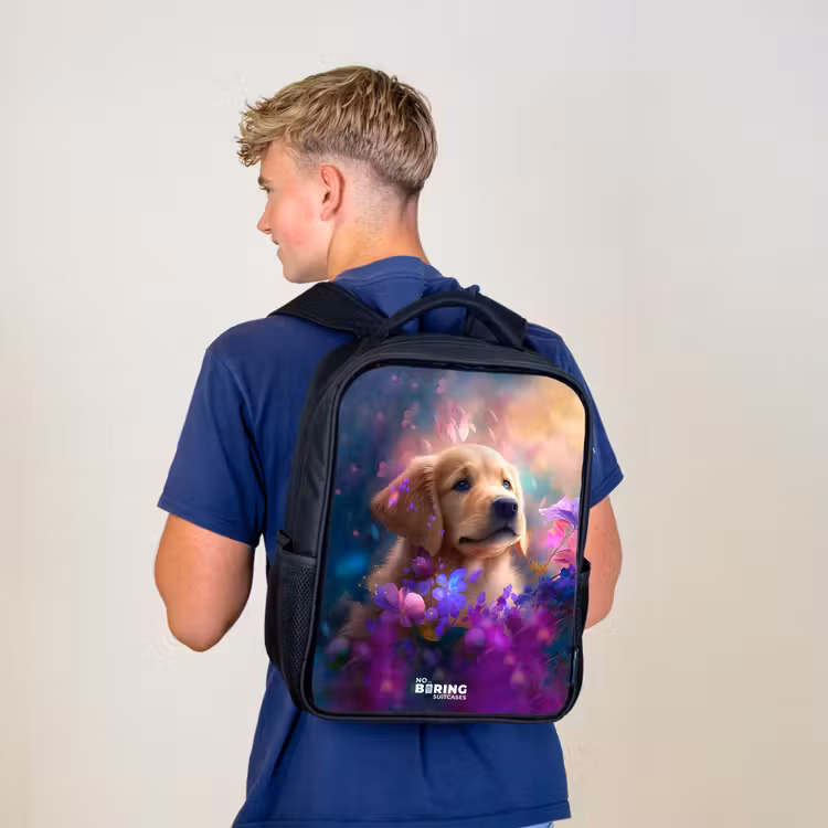 Kinderrucksack - Schwarz - Junger Hund inmitten bunter Blumen — 5