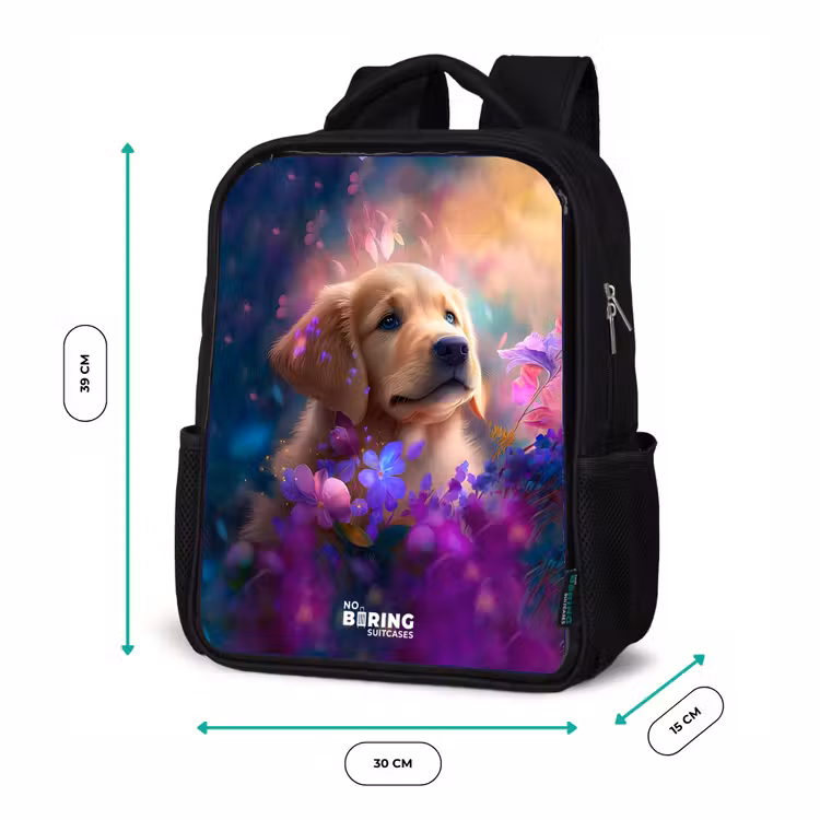 Kinderrucksack - Schwarz - Junger Hund inmitten bunter Blumen — 8