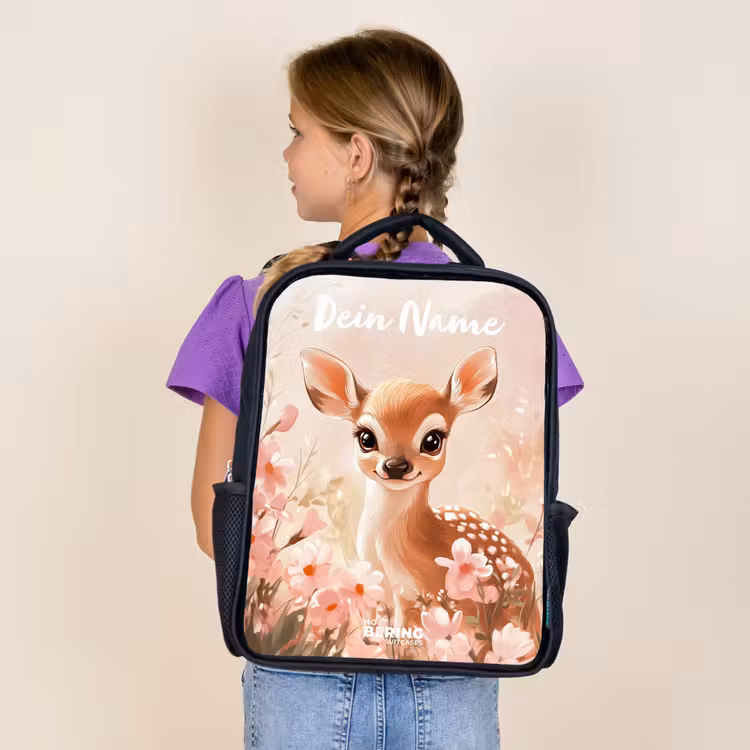 Kinderrucksack mit Namen - Schwarz - Hirsche - Blumen - Punkte - Rosa — 4