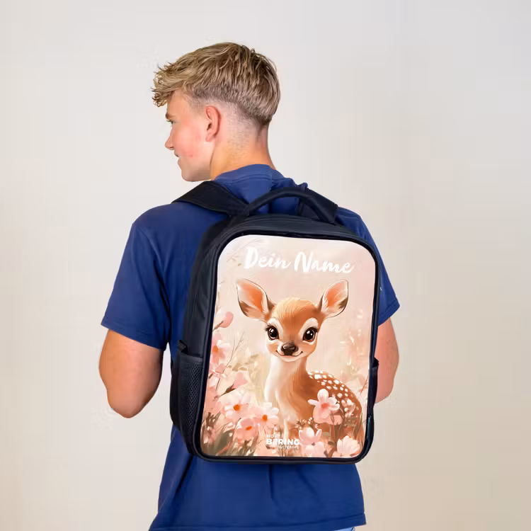 Kinderrucksack mit Namen - Schwarz - Hirsche - Blumen - Punkte - Rosa — 5