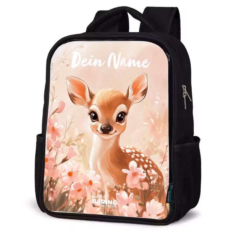 Kinderrucksack mit Namen - Schwarz - Hirsche - Blumen - Punkte - Rosa — 6