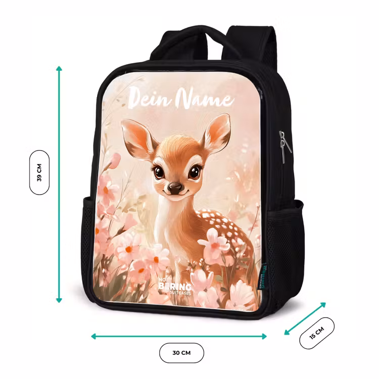 Kinderrucksack mit Namen - Schwarz - Hirsche - Blumen - Punkte - Rosa — 8