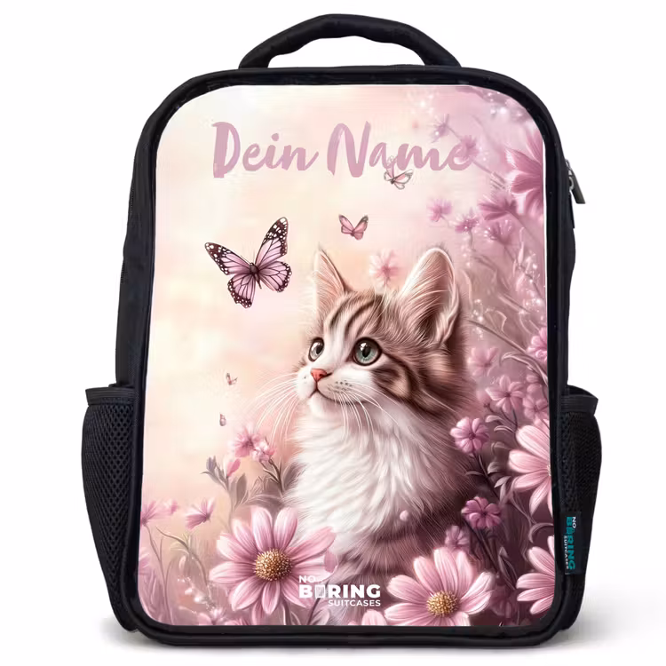 Kinderrucksack mit Namen - Schwarz - Kätzchen - Schmetterlinge - Lila - Blumen — 1