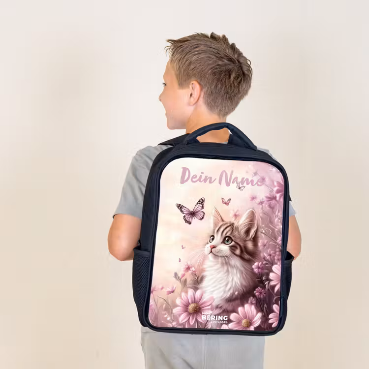 Kinderrucksack mit Namen - Schwarz - Kätzchen - Schmetterlinge - Lila - Blumen — 2