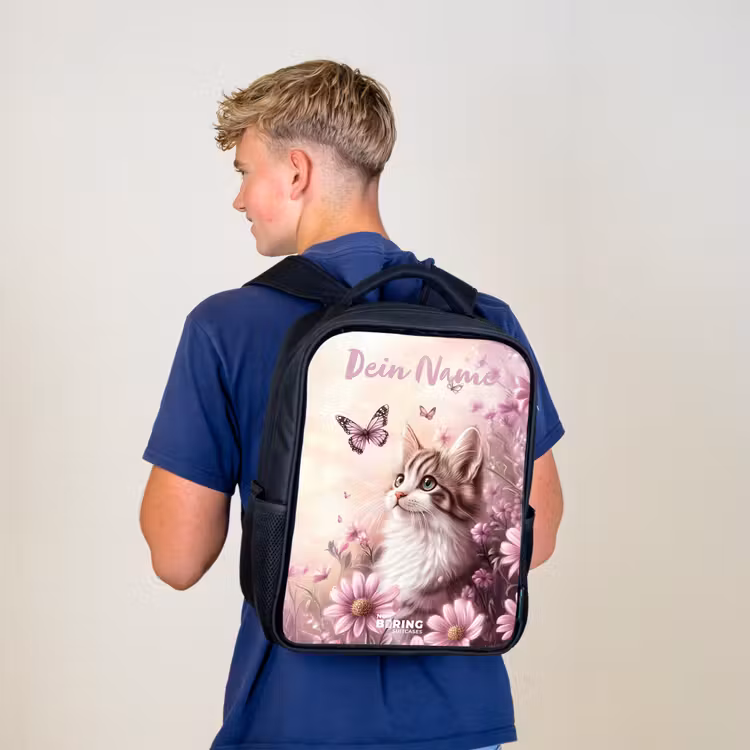 Kinderrucksack mit Namen - Schwarz - Kätzchen - Schmetterlinge - Lila - Blumen — 5