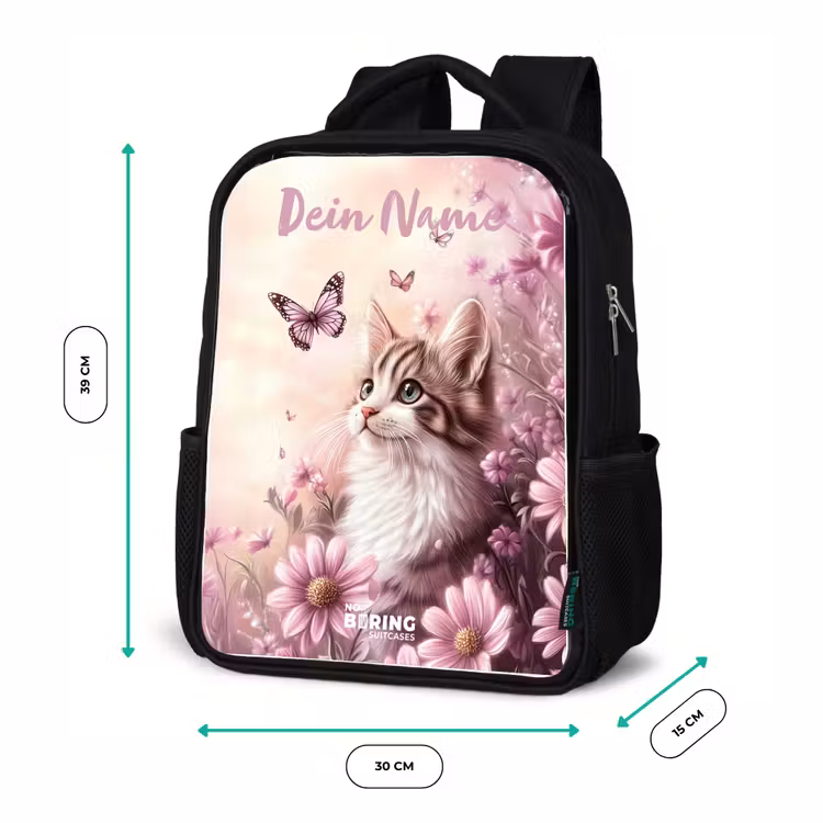 Kinderrucksack mit Namen - Schwarz - Kätzchen - Schmetterlinge - Lila - Blumen — 8