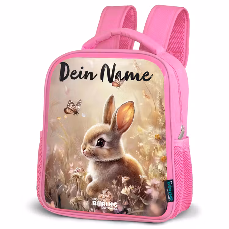 Rucksack Kind - Rosa - Hase - Braun - Blumen - Schmetterlinge — 2