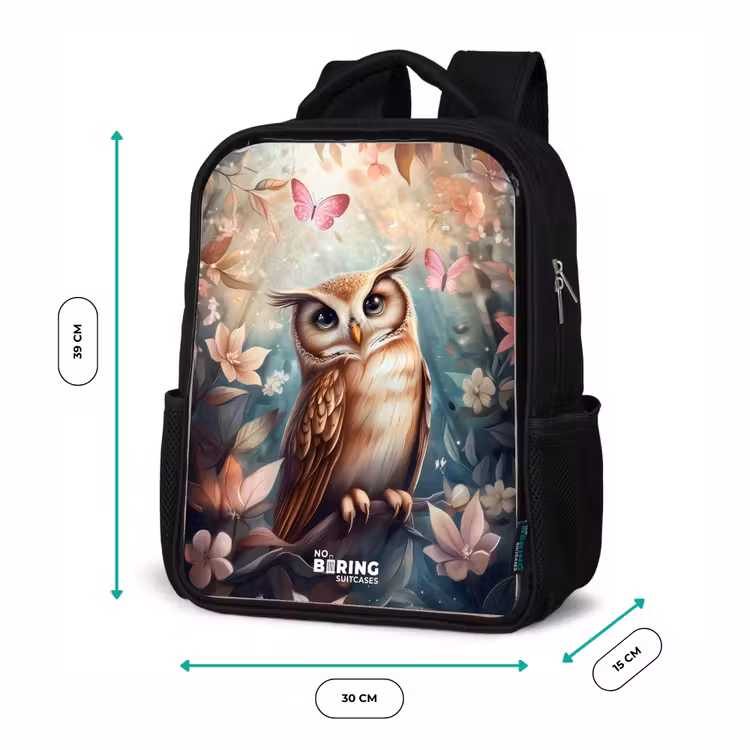 Kinderrucksack - Schwarz - Eule mit Schmetterlingen im mystischen Wald — 8