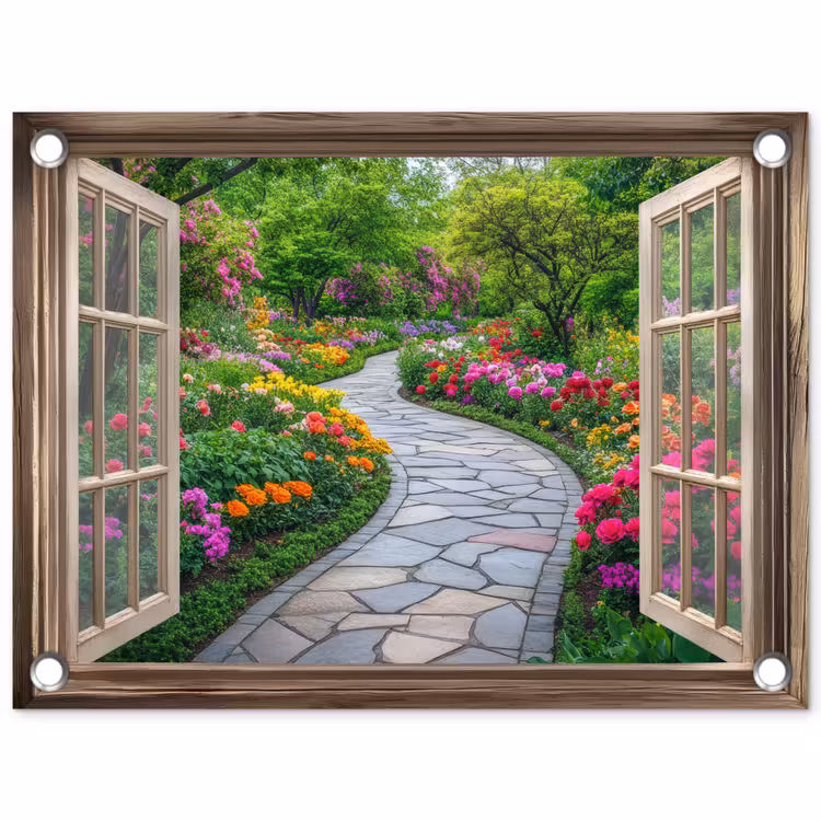 Gartenposter - Aussicht - Blumen - Gartenweg - Natur - Fenster — 1