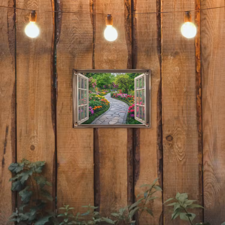 Gartenposter - Aussicht - Blumen - Gartenweg - Natur - Fenster — 2