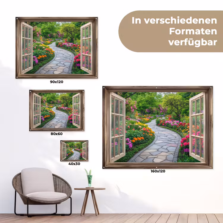 Gartenposter - Aussicht - Blumen - Gartenweg - Natur - Fenster — 6