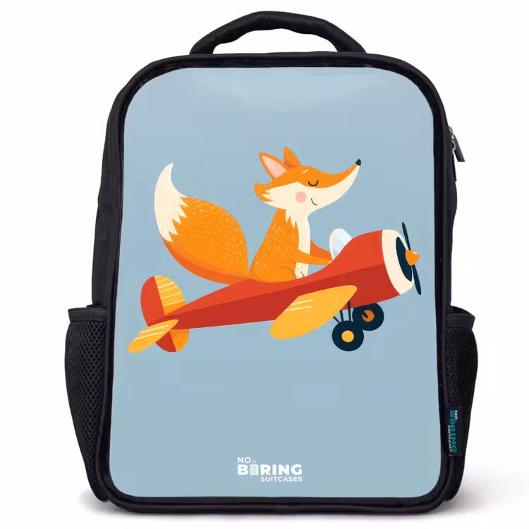 Kinderrucksack mit Namen - Schwarz - Fuchs - Flugzeug - Fliegen — 1