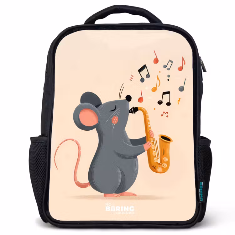 Kinderrucksack mit Namen - Schwarz - Maus - Saxophon - Musik — 1