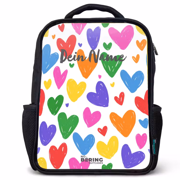 Kinderrucksack mit Namen - Schwarz - Bunte Herzen — 1