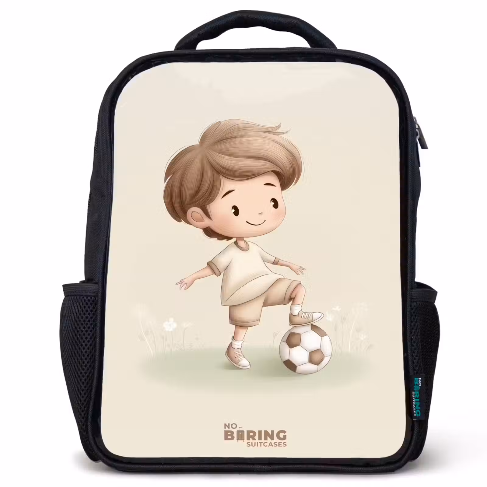 Kinderrucksack - Schwarz - Junge mit Fußball in Brauntönen — 1
